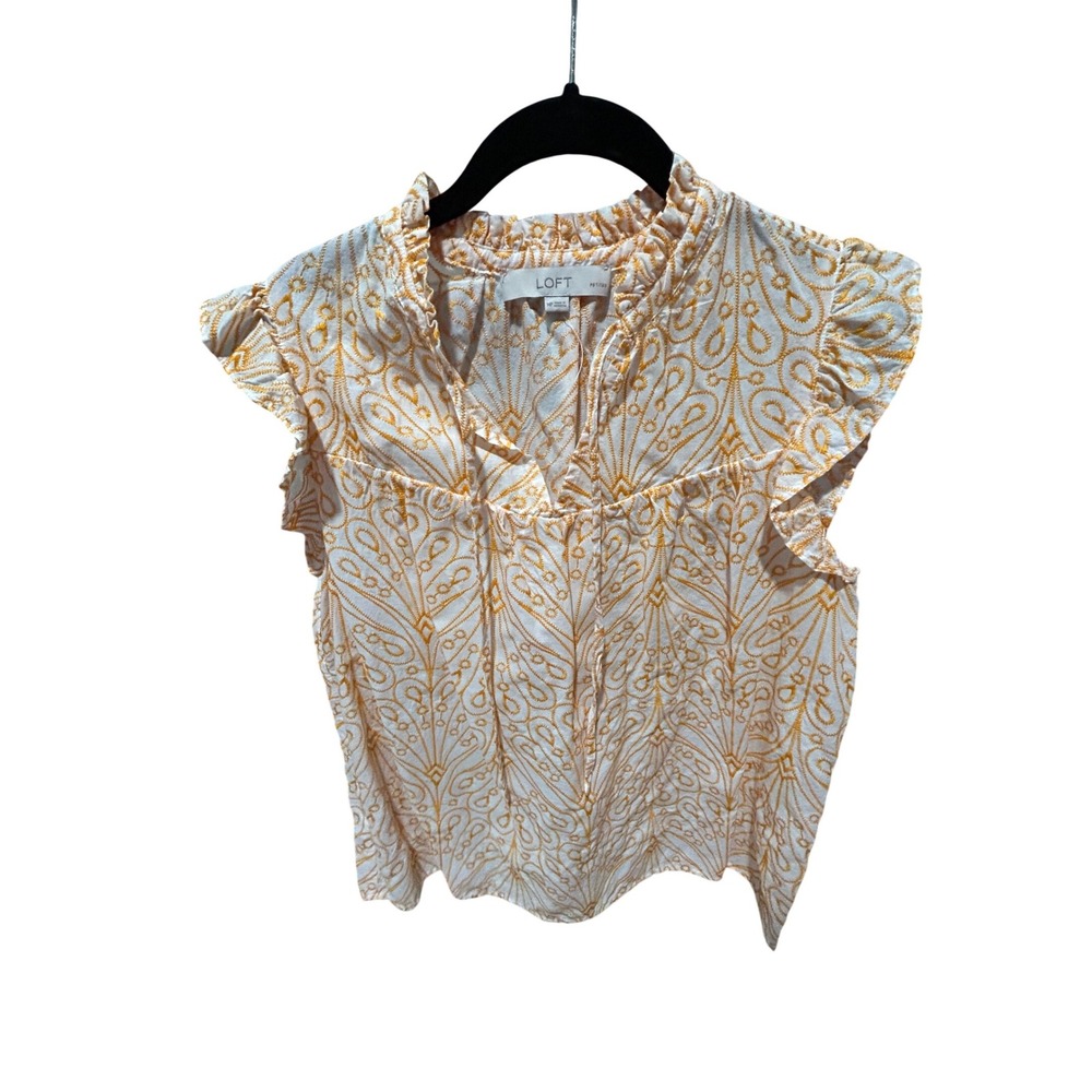 Loft Petites Orange Embroidered Ruffle Neck Cap Sleeve Blouse MP Cotton Boho - Picture 1 of 4